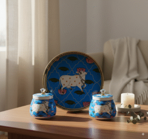 Metal Pichwai tray 8-inch round with traditional cow motif