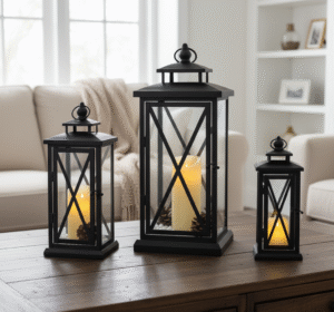 Tea light lantern with metal frame for ambient lighting